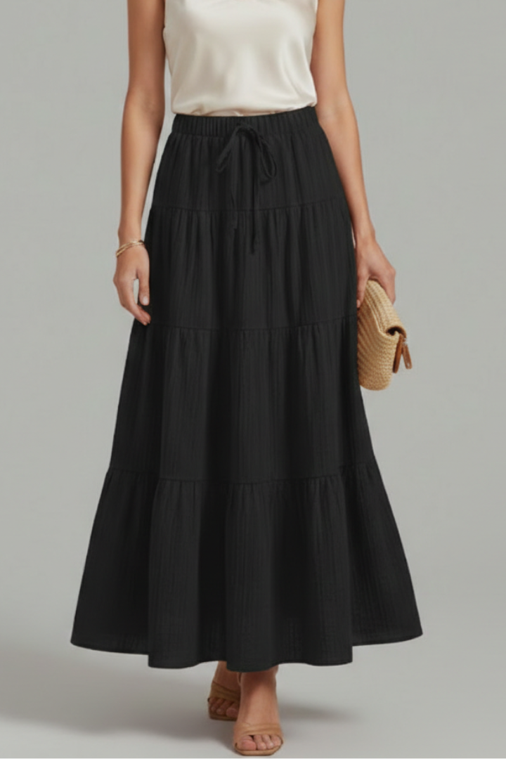 Millie | Elastic Waist Tiered A-Line Maxi Skirt