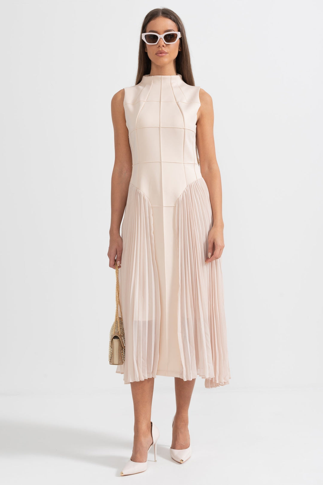 Millie | Stylish Pleated Sleeveless Cocktail Midi Dress