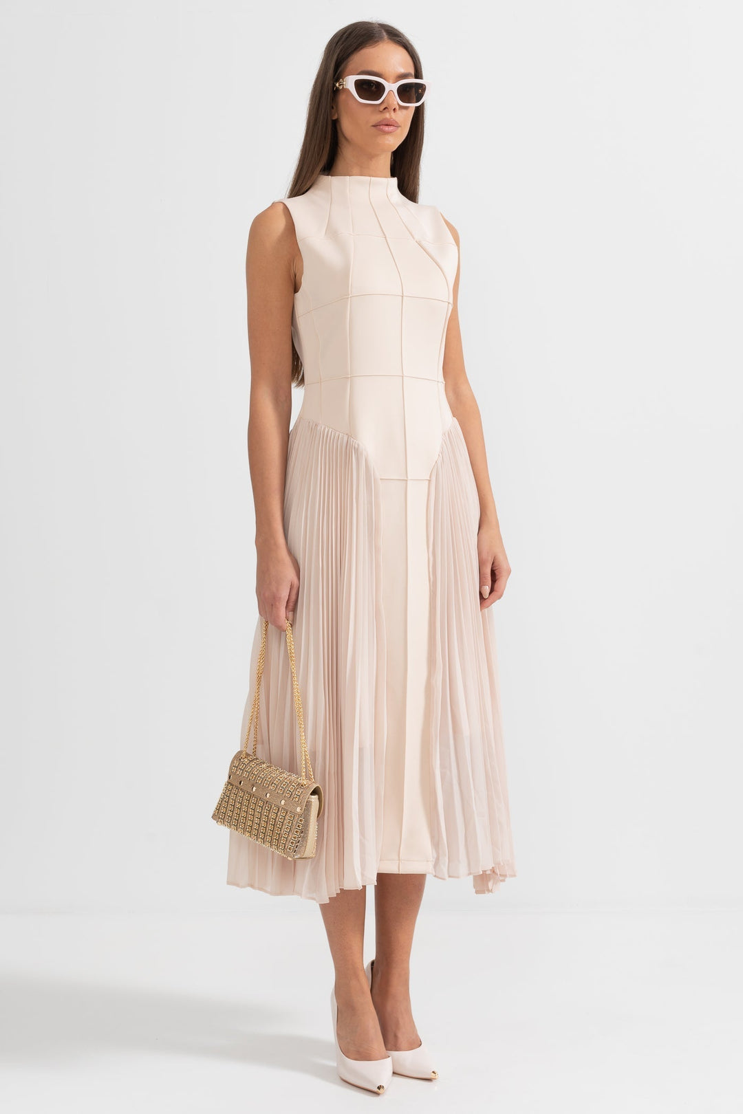 Millie | Stylish Pleated Sleeveless Cocktail Midi Dress