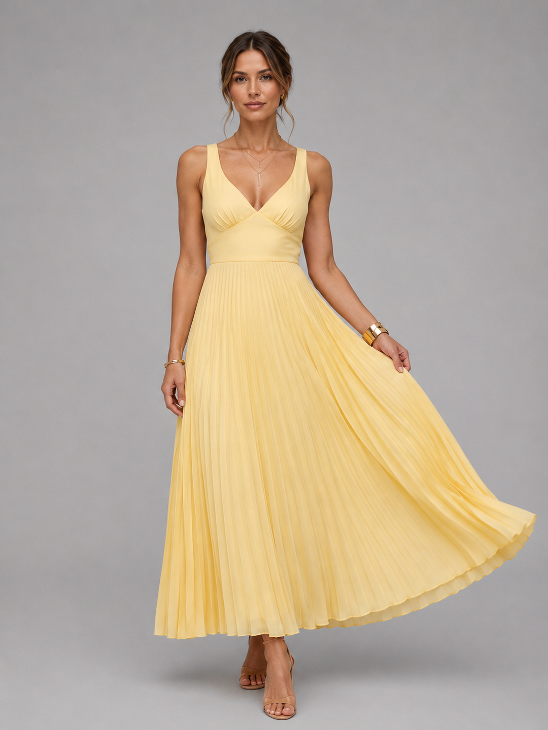 Olive | Elegant Pleated V-Neck Maxi Formal Dress