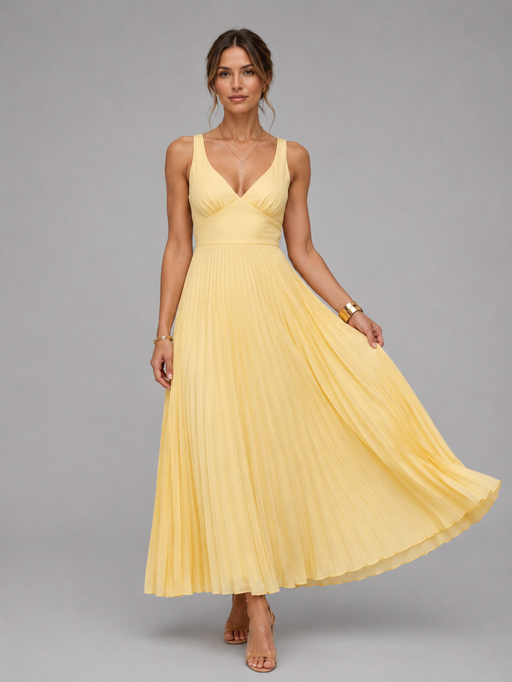 Olive | Elegant Pleated V-Neck Maxi Formal Dress