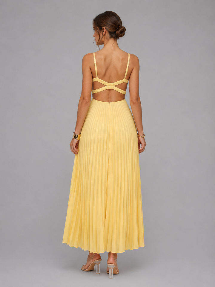 Olive | Elegant Pleated V-Neck Maxi Formal Dress