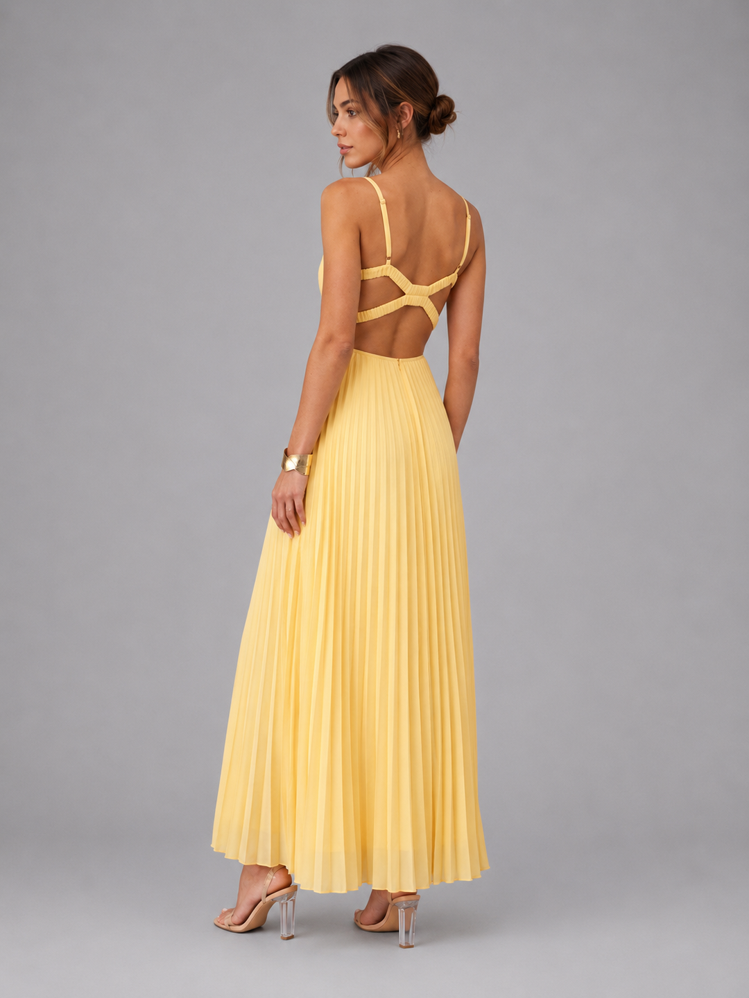 Olive | Elegant Pleated V-Neck Maxi Formal Dress
