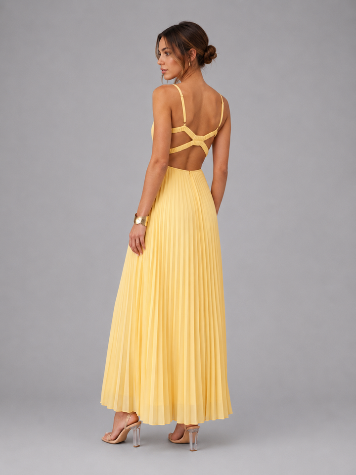 Olive | Elegant Pleated V-Neck Maxi Formal Dress