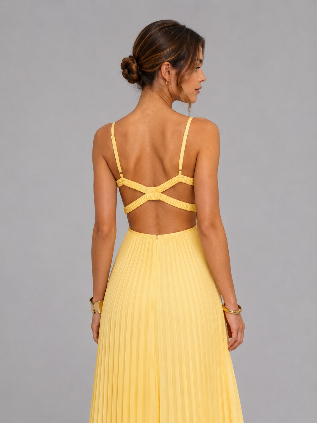 Olive | Elegant Pleated V-Neck Maxi Formal Dress