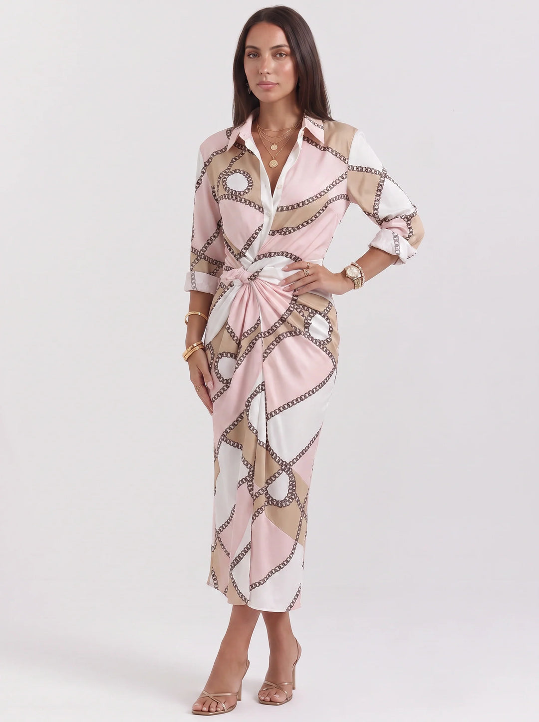 Olive | Polished Chain Print Wrap Midi Dress