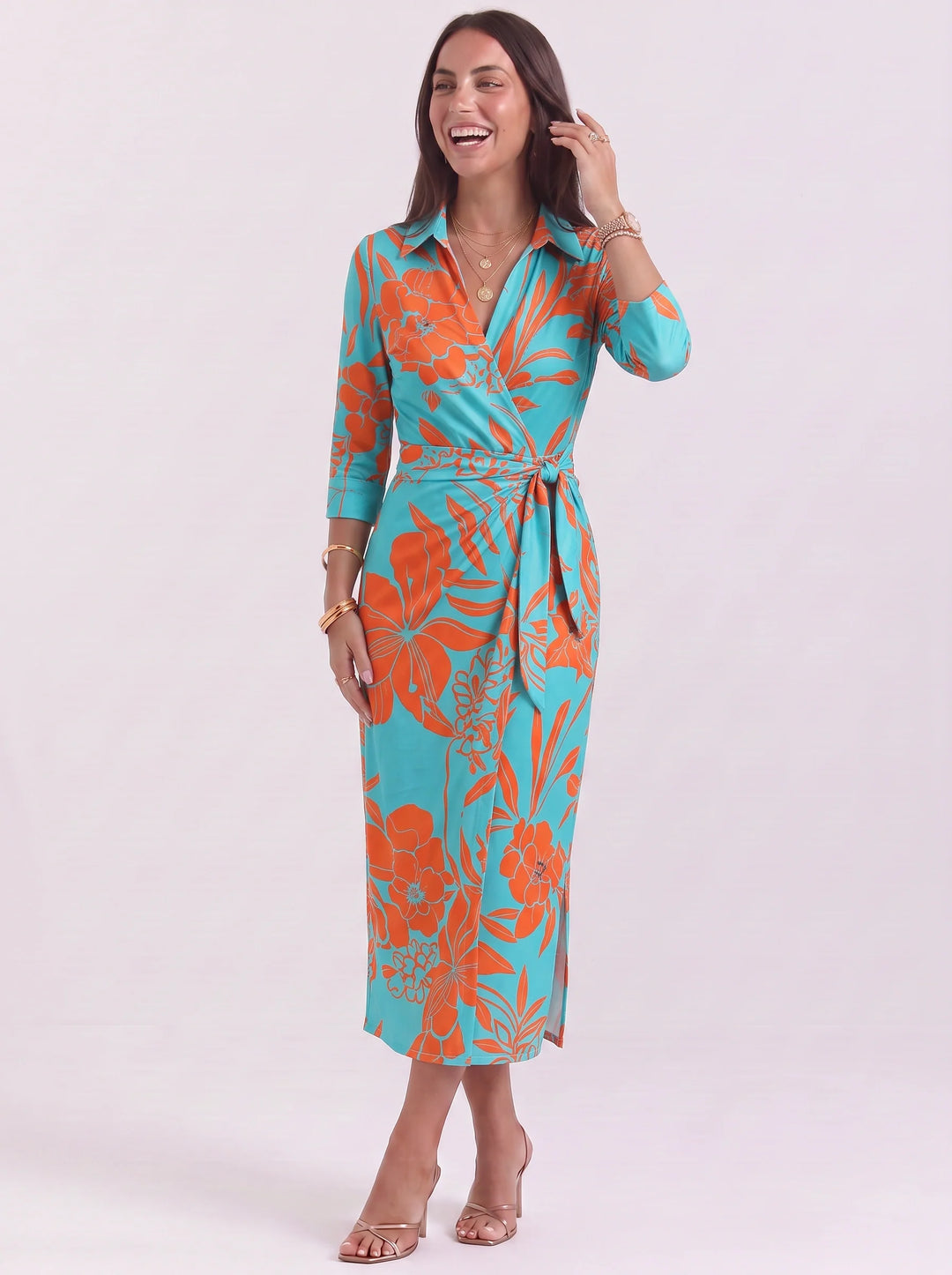 Olive | Polished Chain Print Wrap Midi Dress