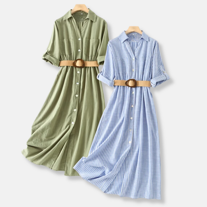 Olive | Striped Belted Long Sleeve Summer Dresses
