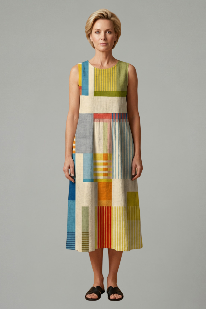 Olive | Stylish Geometric Print Sleeveless Midi Linen Dress