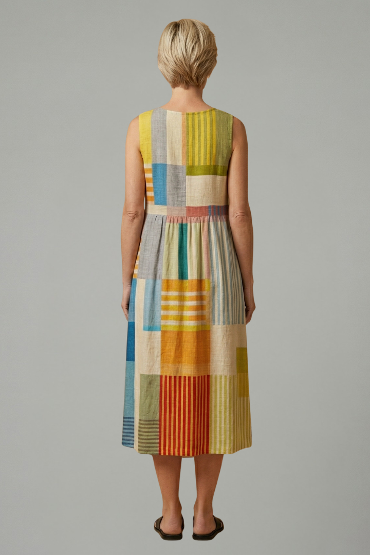 Olive | Stylish Geometric Print Sleeveless Midi Linen Dress