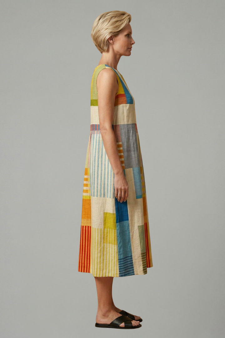 Olive | Stylish Geometric Print Sleeveless Midi Linen Dress