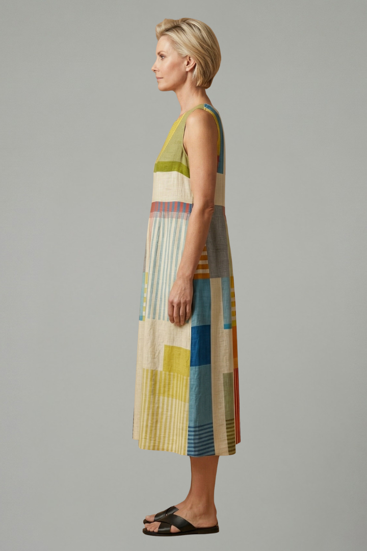 Olive | Stylish Geometric Print Sleeveless Midi Linen Dress