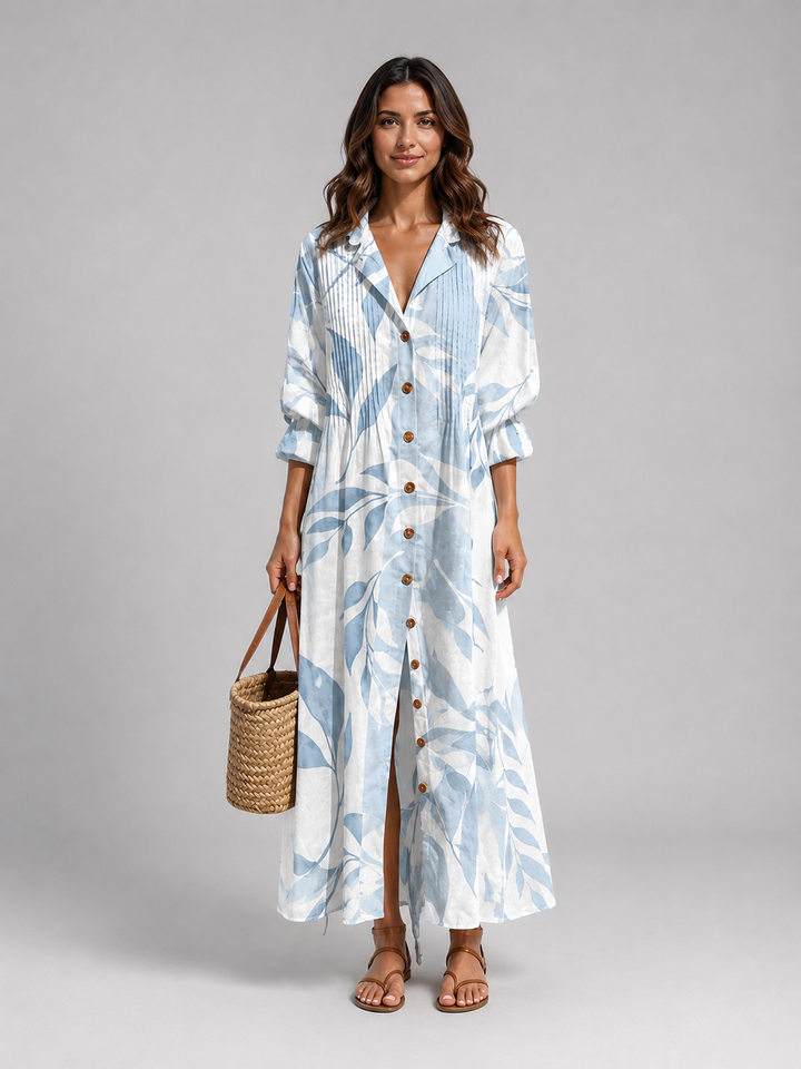 Olivia | Refined Printed Linen Dress with Pintuck Maxi Silhouette