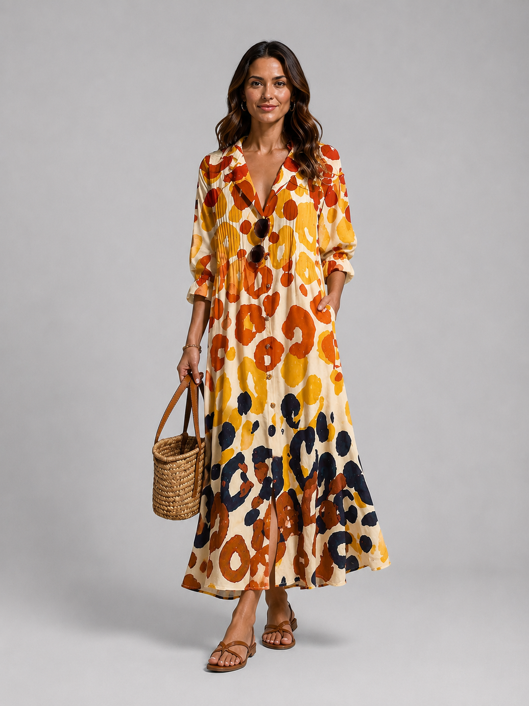 Olivia | Refined Printed Linen Dress with Pintuck Maxi Silhouette