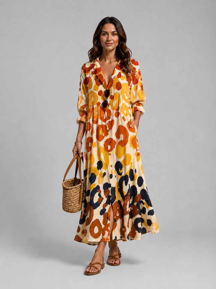 Olivia | Refined Printed Linen Dress with Pintuck Maxi Silhouette