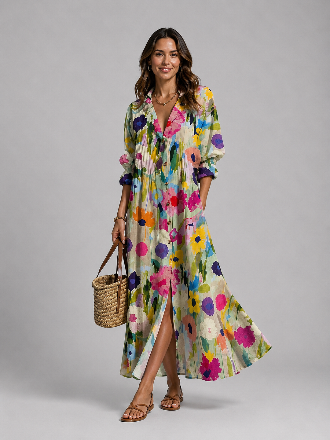 Olivia | Refined Printed Linen Dress with Pintuck Maxi Silhouette