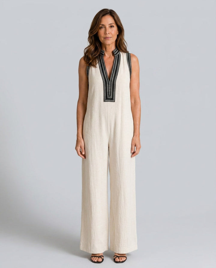 Phoebe | Chic Embroidered V-Neck Wide Leg Jumpsuit
