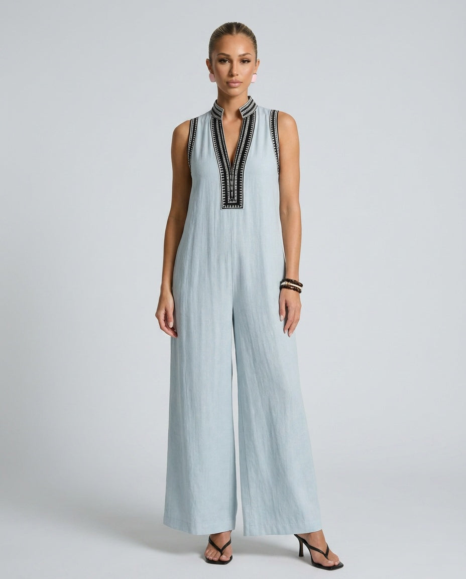 Phoebe | Chic Embroidered V-Neck Wide Leg Jumpsuit