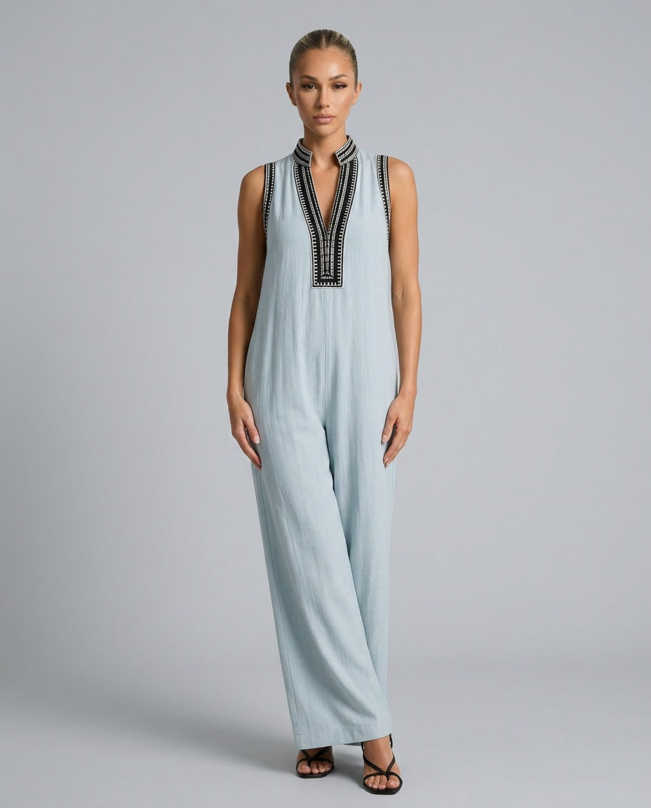 Phoebe | Chic Embroidered V-Neck Wide Leg Jumpsuit