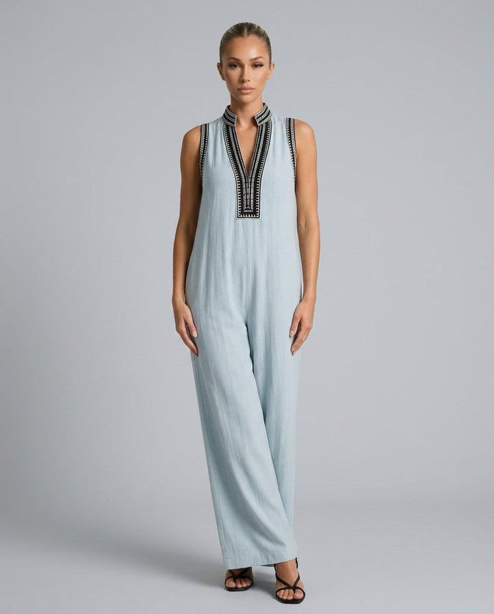 Phoebe | Chic Embroidered V-Neck Wide Leg Jumpsuit