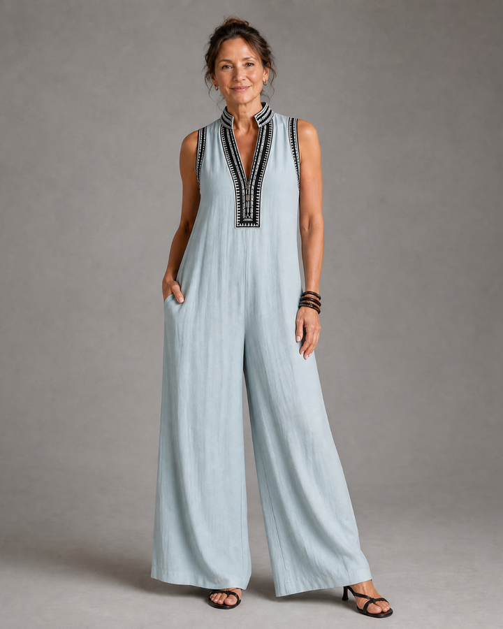 Phoebe | Chic Embroidered V-Neck Wide Leg Jumpsuit