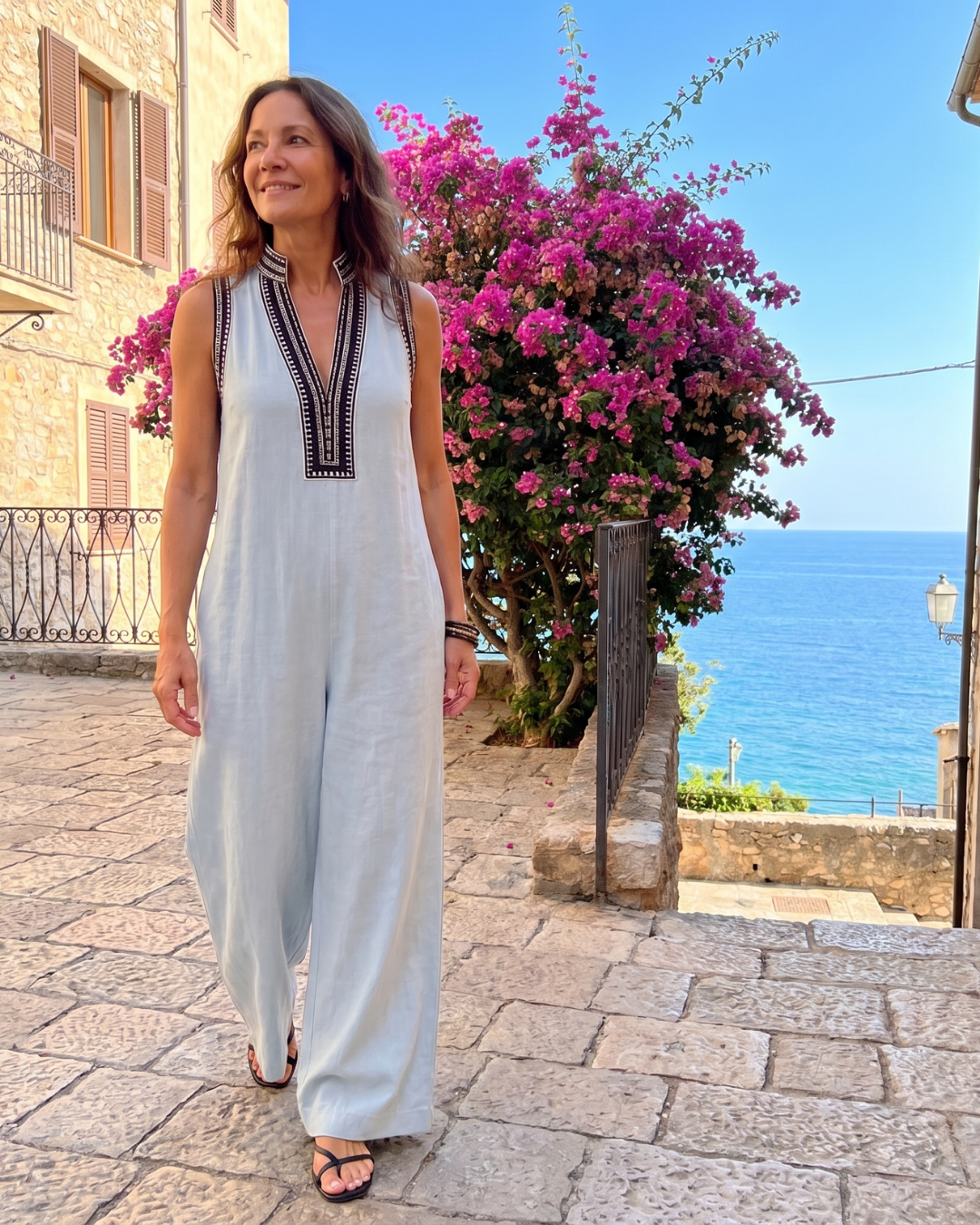 Phoebe | Chic Embroidered V-Neck Wide Leg Jumpsuit