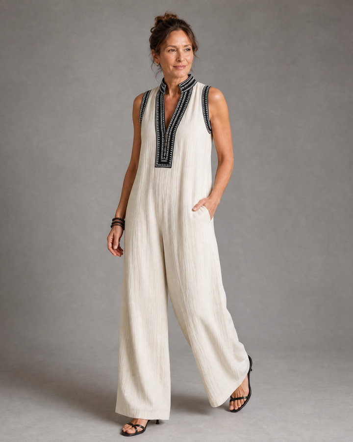 Phoebe | Chic Embroidered V-Neck Wide Leg Jumpsuit