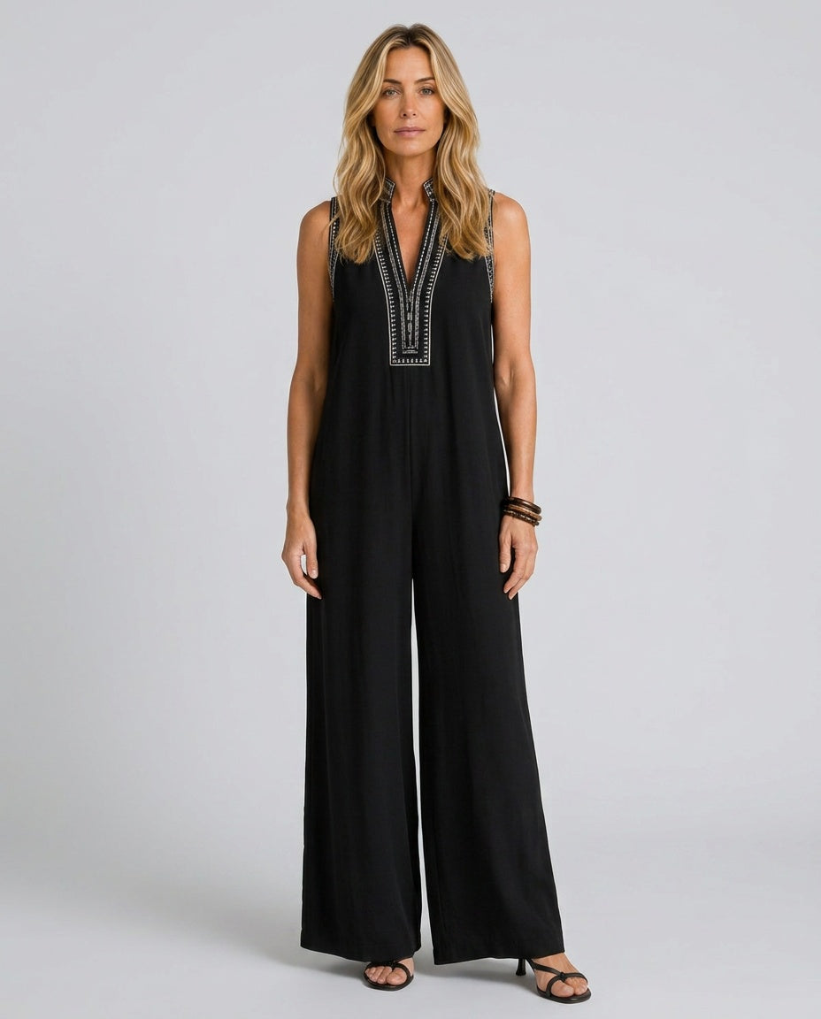 Phoebe | Chic Embroidered V-Neck Wide Leg Jumpsuit