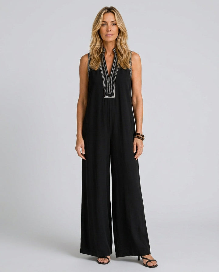Phoebe | Chic Embroidered V-Neck Wide Leg Jumpsuit