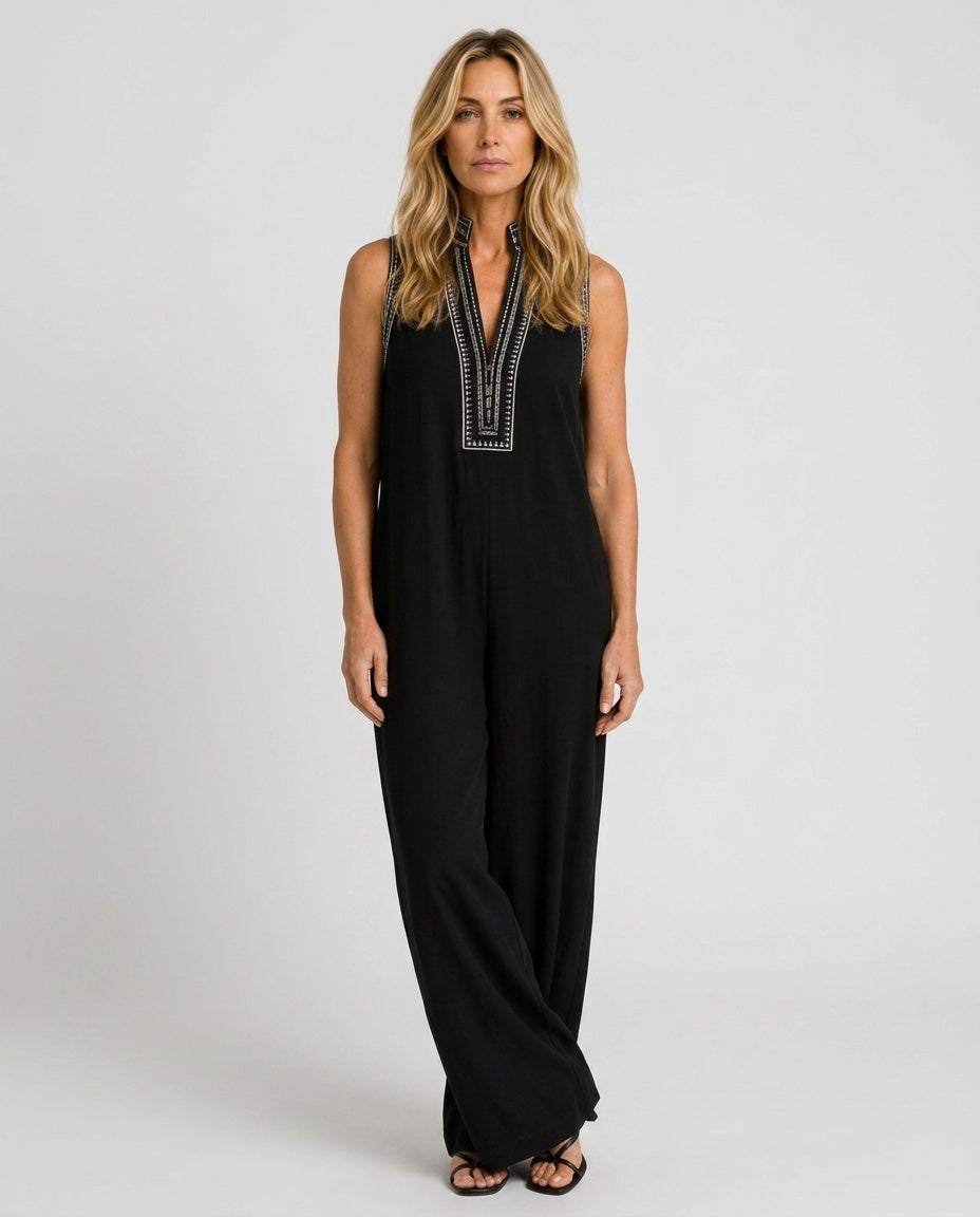 Phoebe | Chic Embroidered V-Neck Wide Leg Jumpsuit