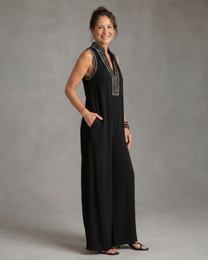 Phoebe | Chic Embroidered V-Neck Wide Leg Jumpsuit