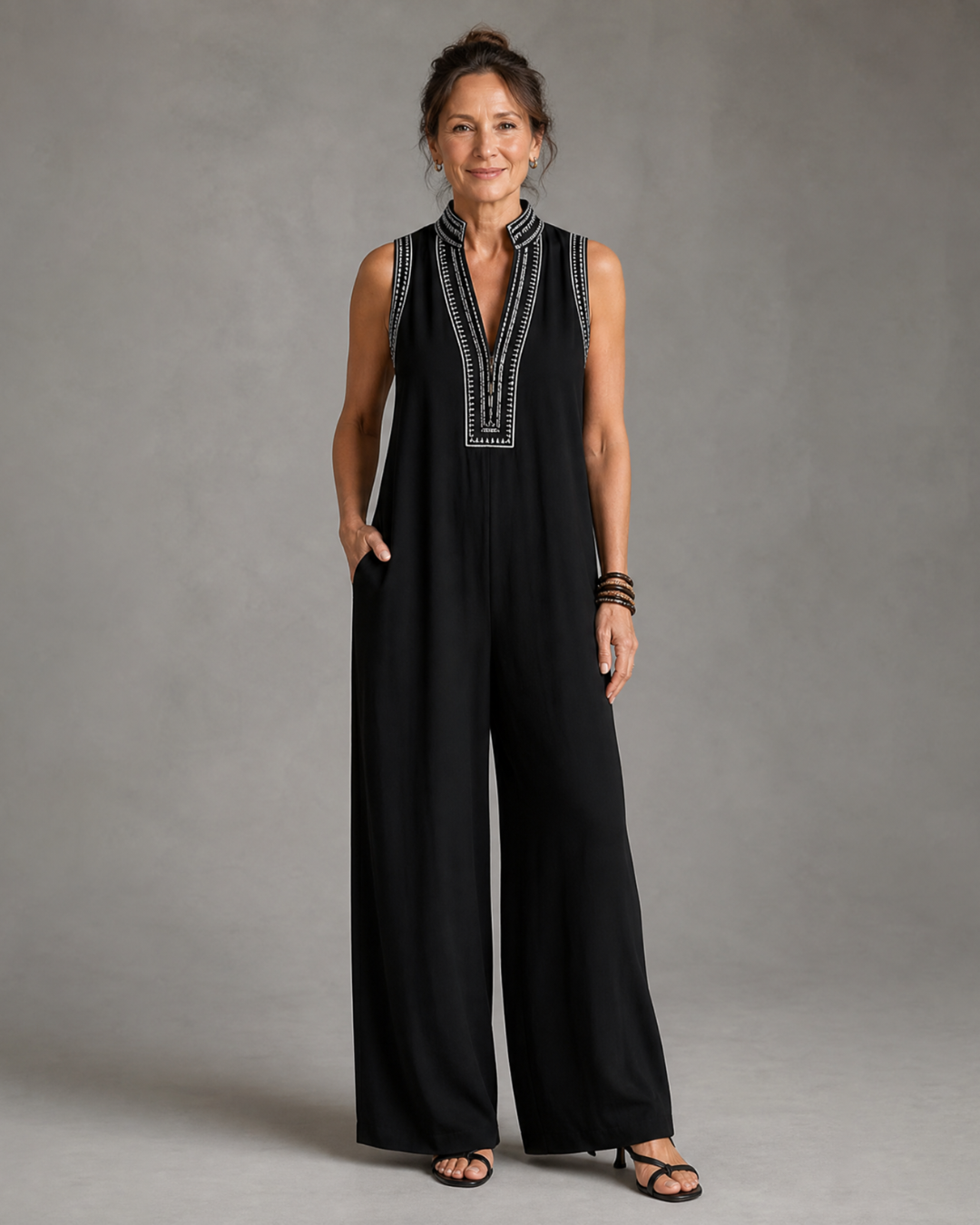 Phoebe | Chic Embroidered V-Neck Wide Leg Jumpsuit