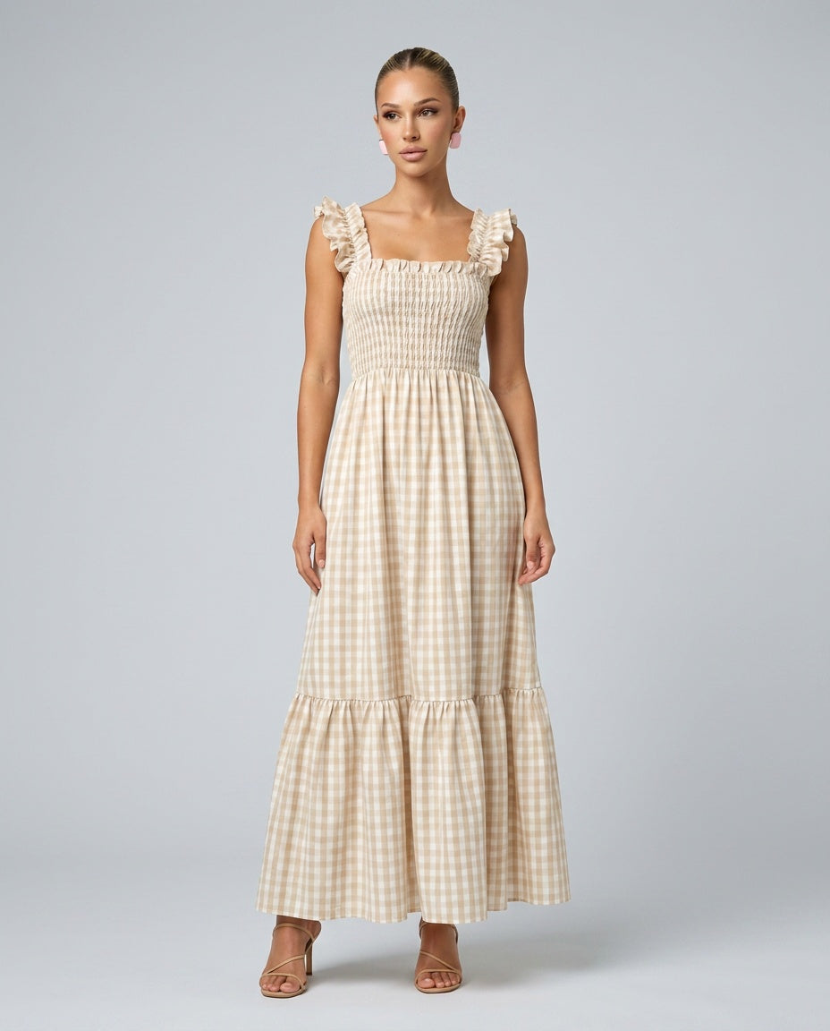 Phoebe | Chic Ruffle Strap Gingham Maxi Dress