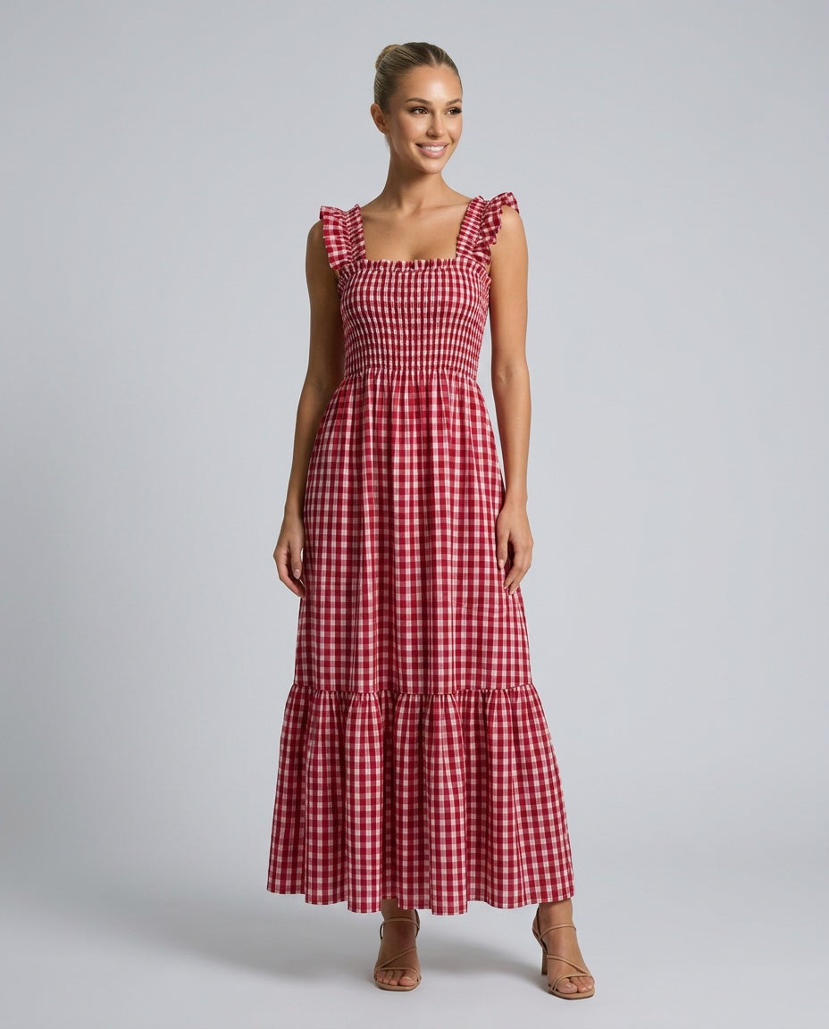 Phoebe | Chic Ruffle Strap Gingham Maxi Dress