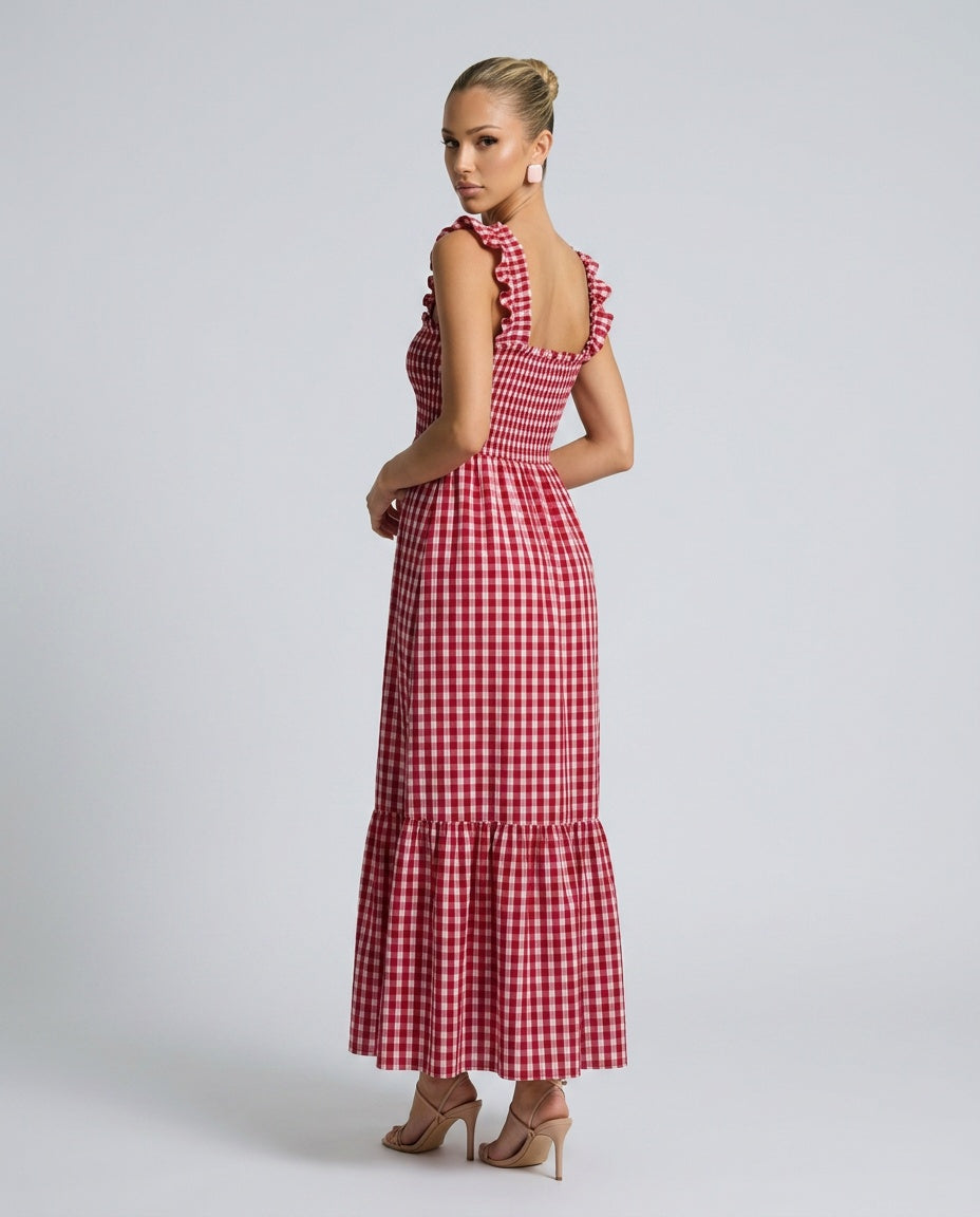 Phoebe | Chic Ruffle Strap Gingham Maxi Dress