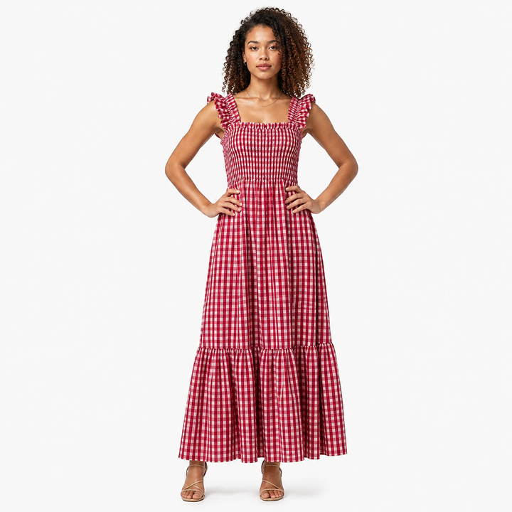Phoebe | Chic Ruffle Strap Gingham Maxi Dress