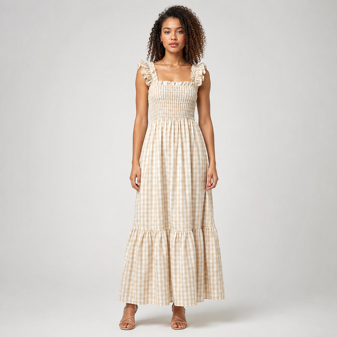 Phoebe | Chic Ruffle Strap Gingham Maxi Dress