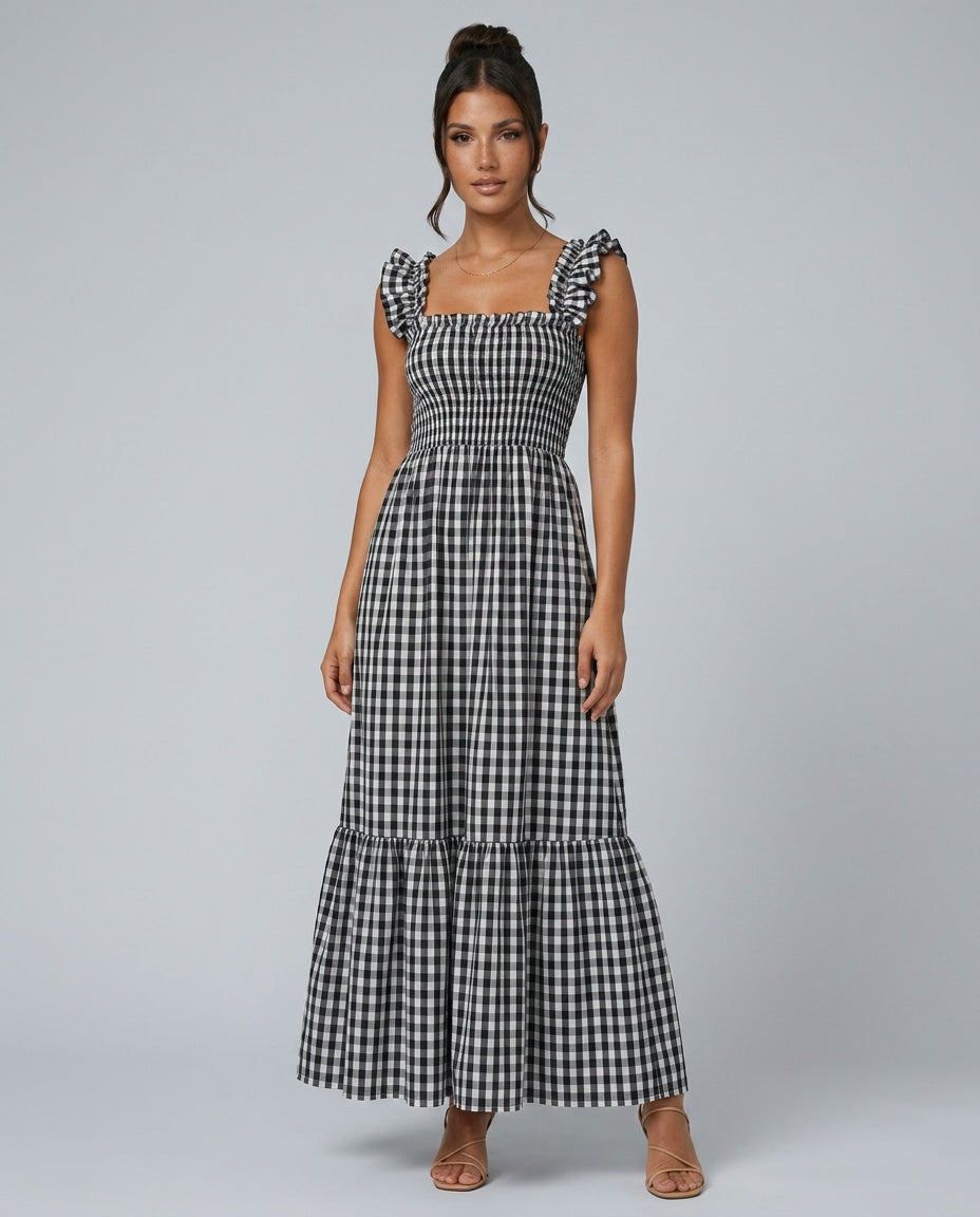 Phoebe | Chic Ruffle Strap Gingham Maxi Dress