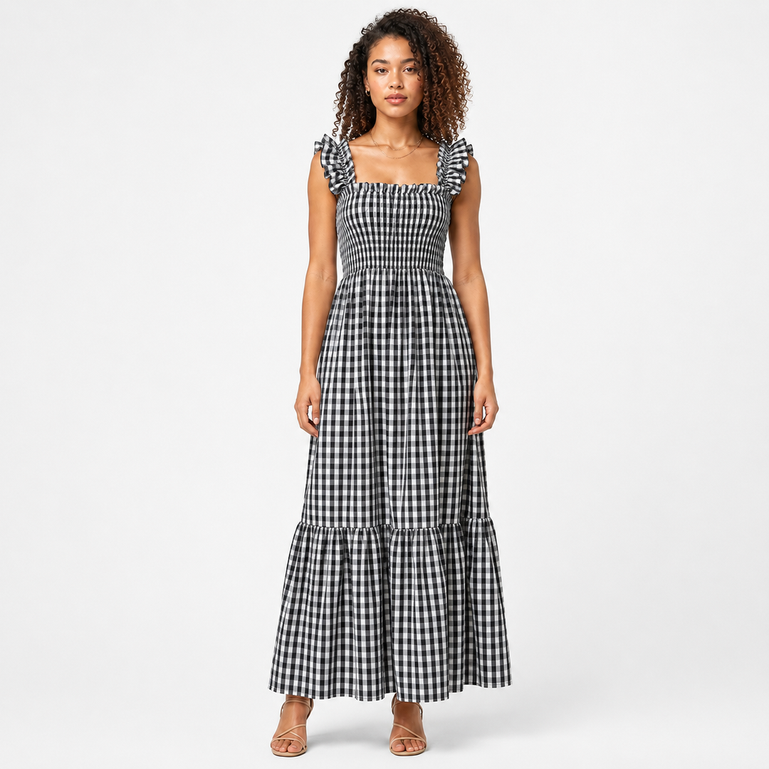 Phoebe | Chic Ruffle Strap Gingham Maxi Dress
