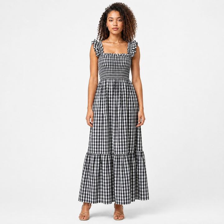 Phoebe | Chic Ruffle Strap Gingham Maxi Dress
