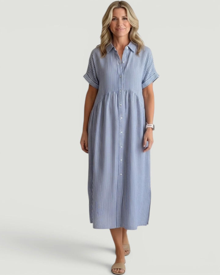 Phoebe | Timeless Striped Button Front Maxi Linen Dress