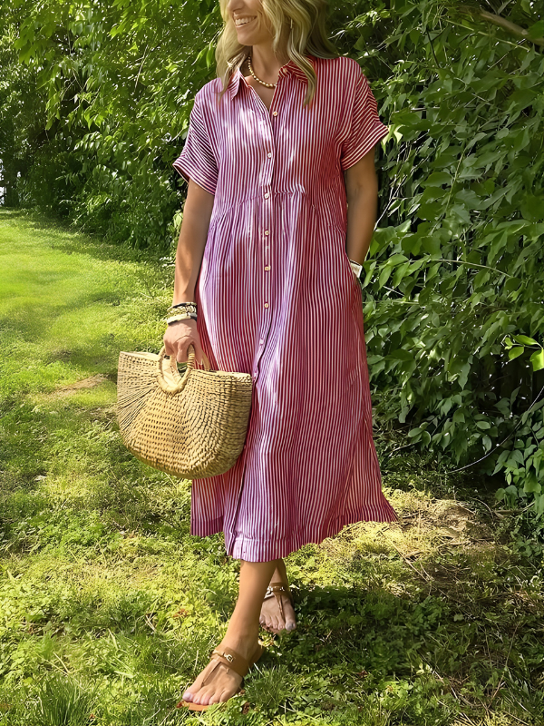 Phoebe | Timeless Striped Button Front Maxi Linen Dress