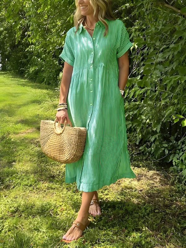 Phoebe | Timeless Striped Button Front Maxi Linen Dress