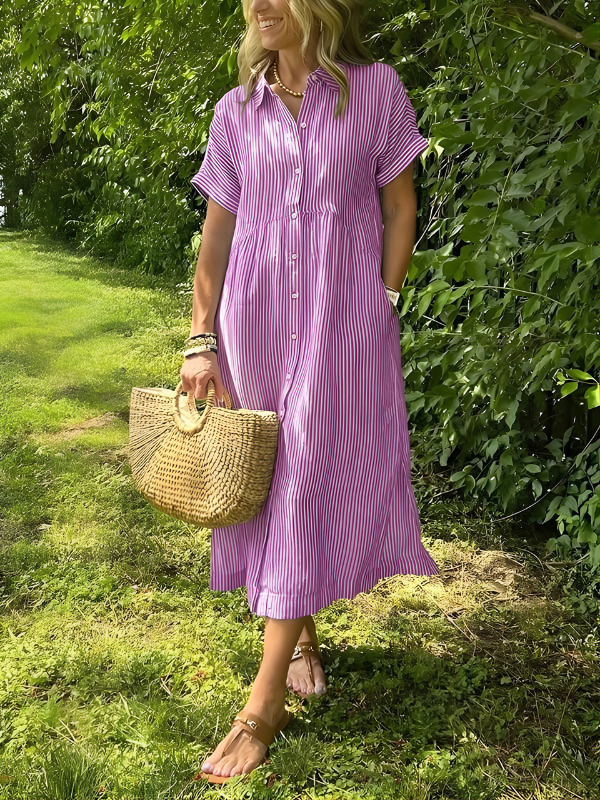 Phoebe | Timeless Striped Button Front Maxi Linen Dress