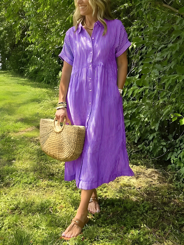 Phoebe | Timeless Striped Button Front Maxi Linen Dress