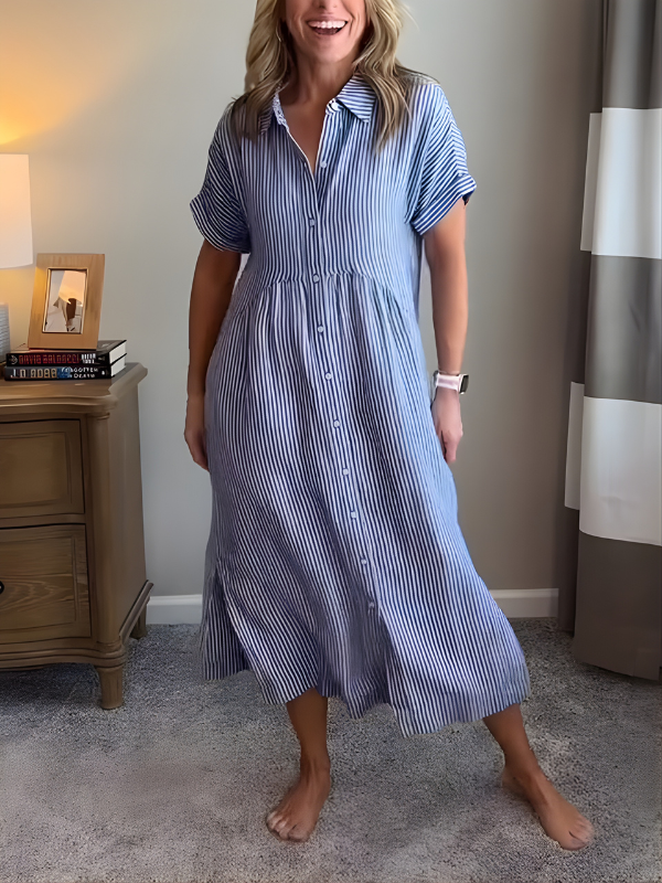 Phoebe | Timeless Striped Button Front Maxi Linen Dress
