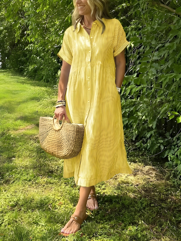 Phoebe | Timeless Striped Button Front Maxi Linen Dress