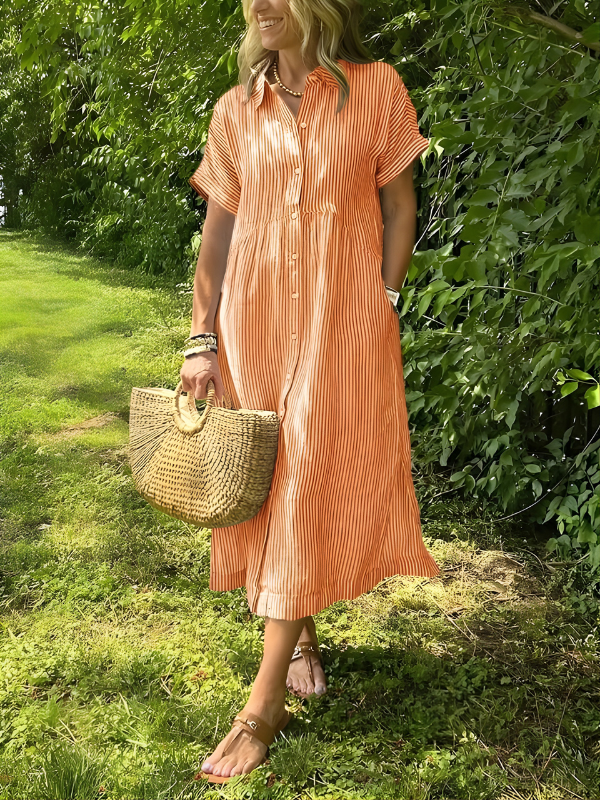 Phoebe | Timeless Striped Button Front Maxi Linen Dress