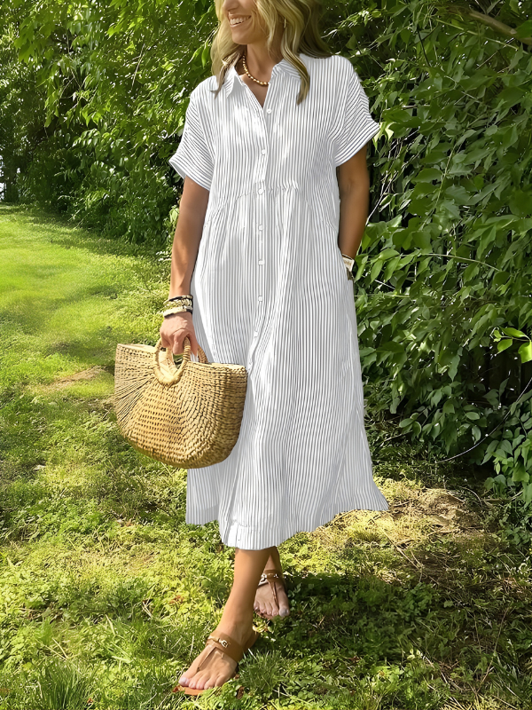Phoebe | Timeless Striped Button Front Maxi Linen Dress