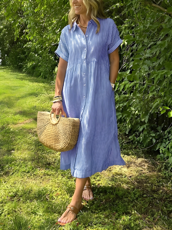 Phoebe | Timeless Striped Button Front Maxi Linen Dress
